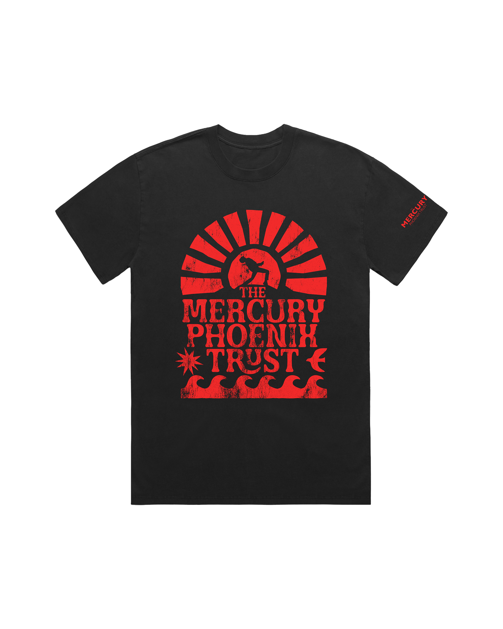 Black t-shirt with red 'The Mercury Phoenix Trust' logo.