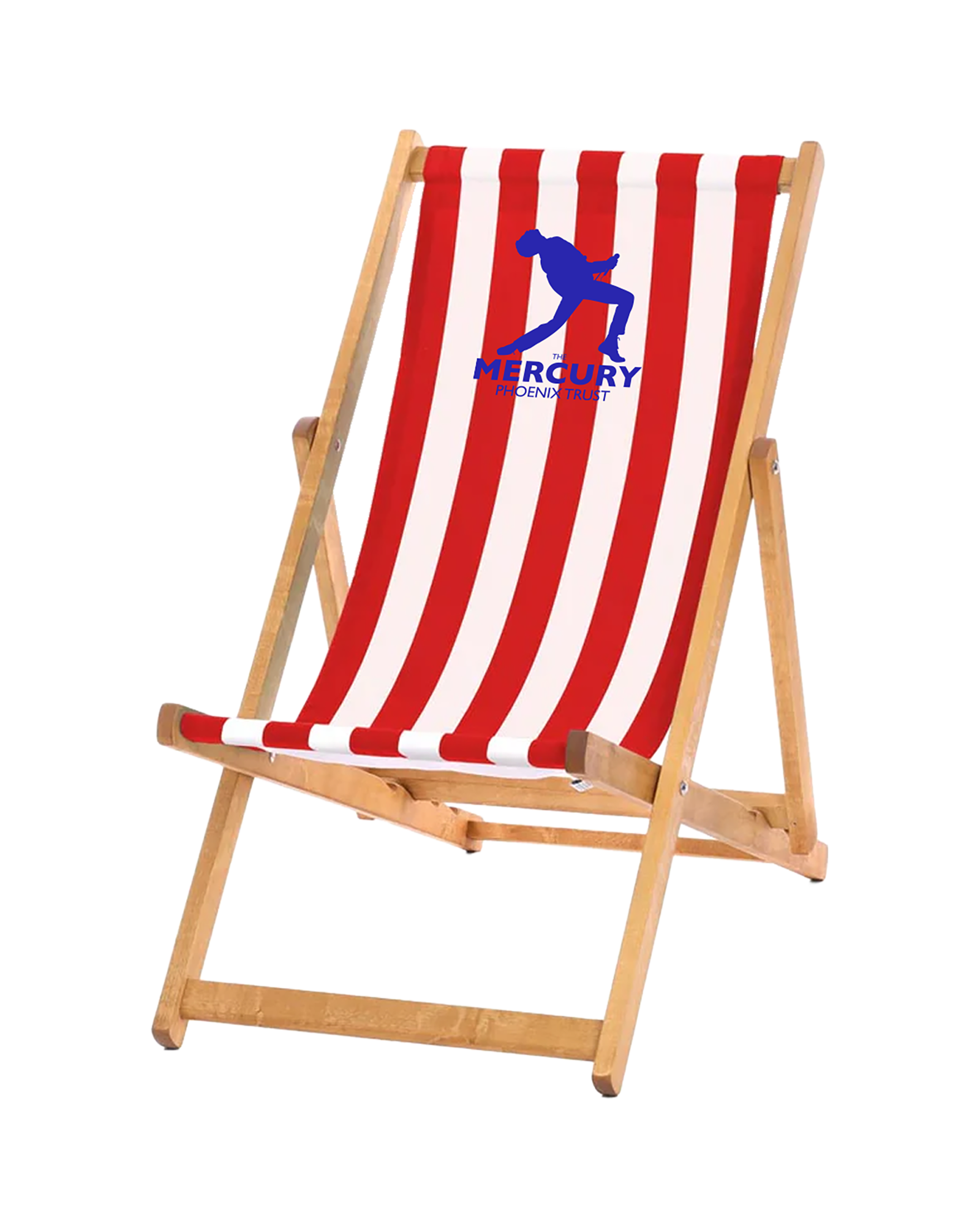 Red and white Mercury Phoenix Trust striped deck chair with a wooden frame.
