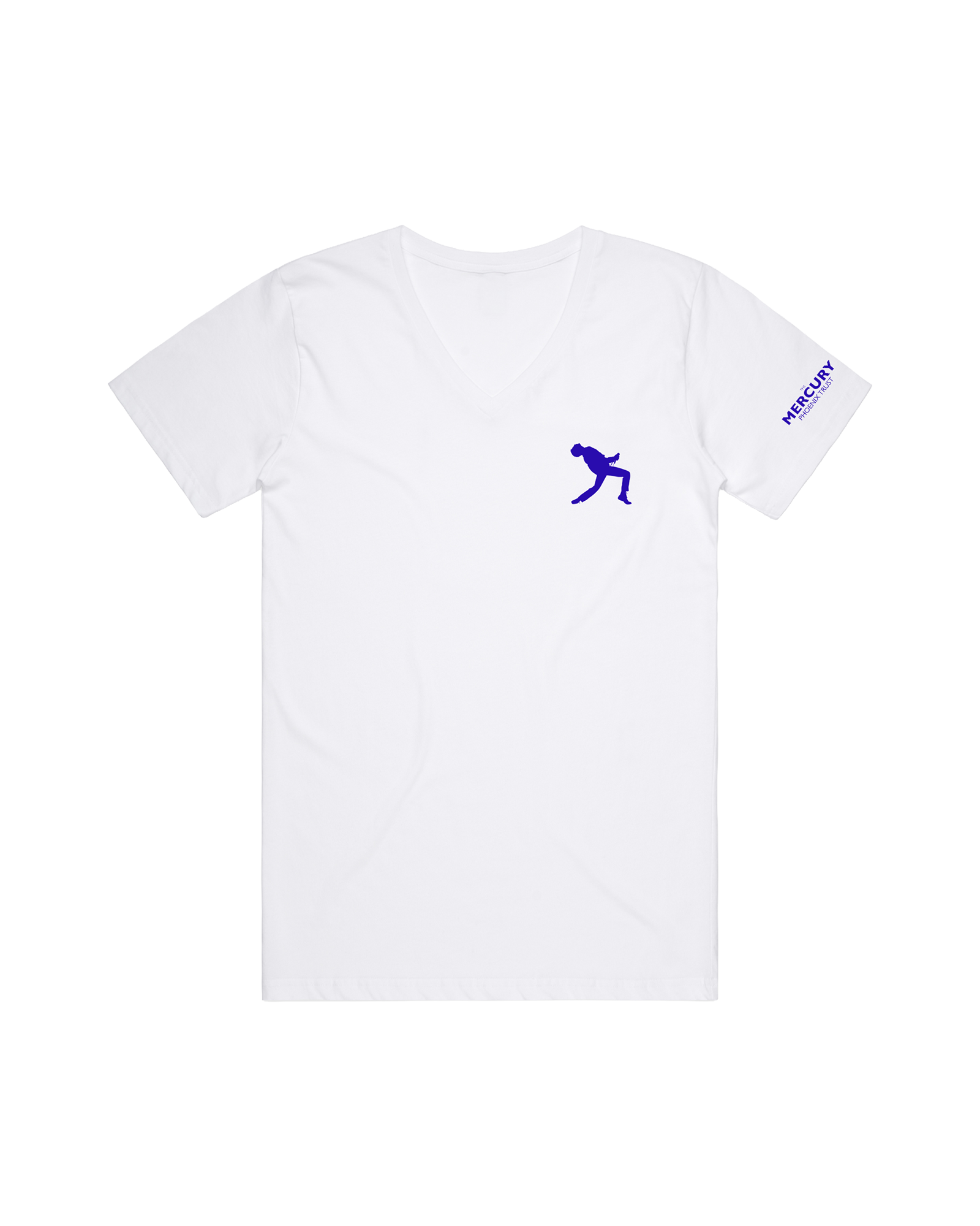 White t-shirt with blue Mercury Phoenix Trust logo.