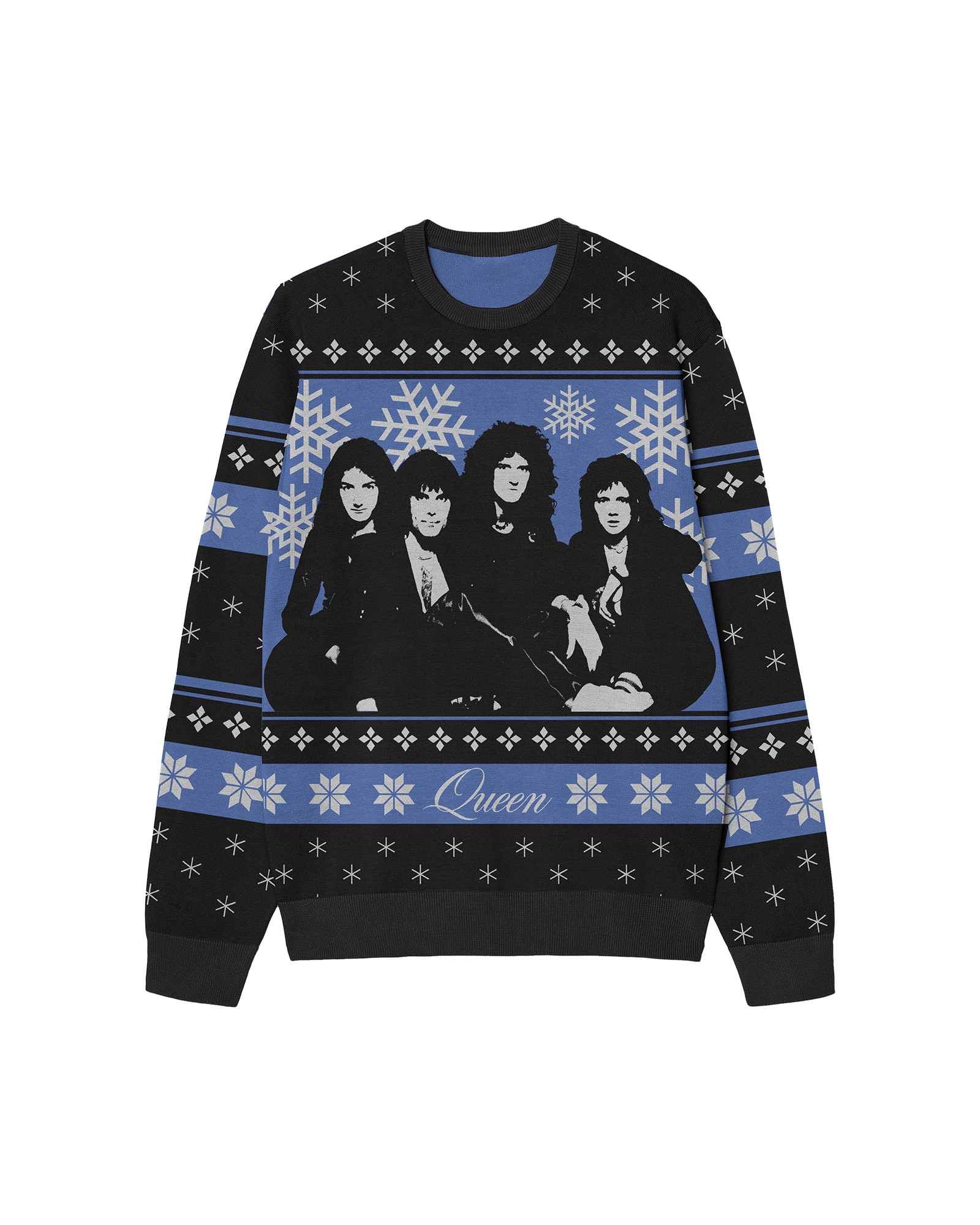 Queen-themed sweater with band members and snowflake pattern