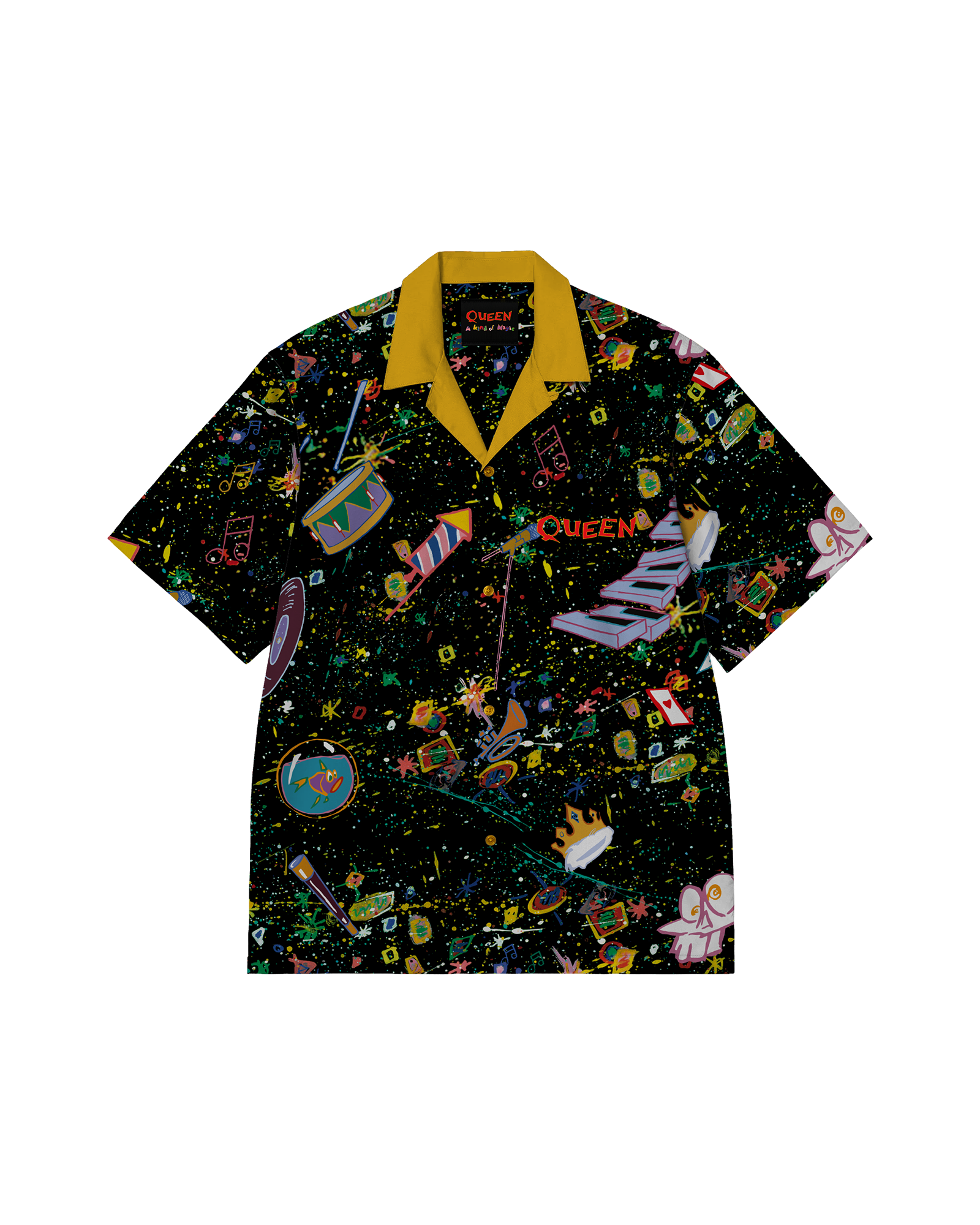 A short-sleeve button-up shirt with a black background covered in a colorful cosmic collage print, featuring a bright yellow collar and yellow trim on the placket and cuffs. The print includes space-themed illustrations such as stars, planets, rockets, and retro objects, with the word 'QUEEN' printed in red on the chest.