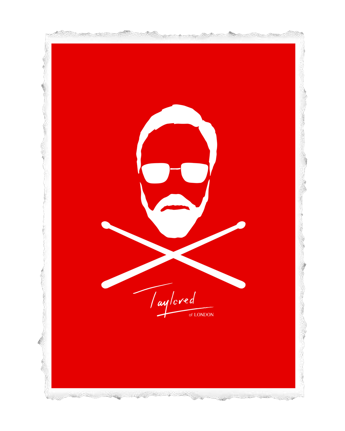 Red background with white graphic of a face and crossed sticks, featuring 'Taylored of London' logo.