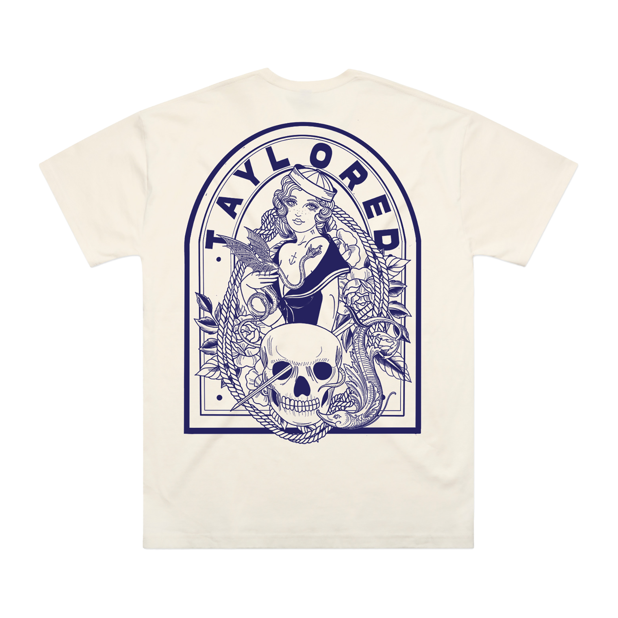 Beige t-shirt with a blue graphic design featuring a skull, woman, and text