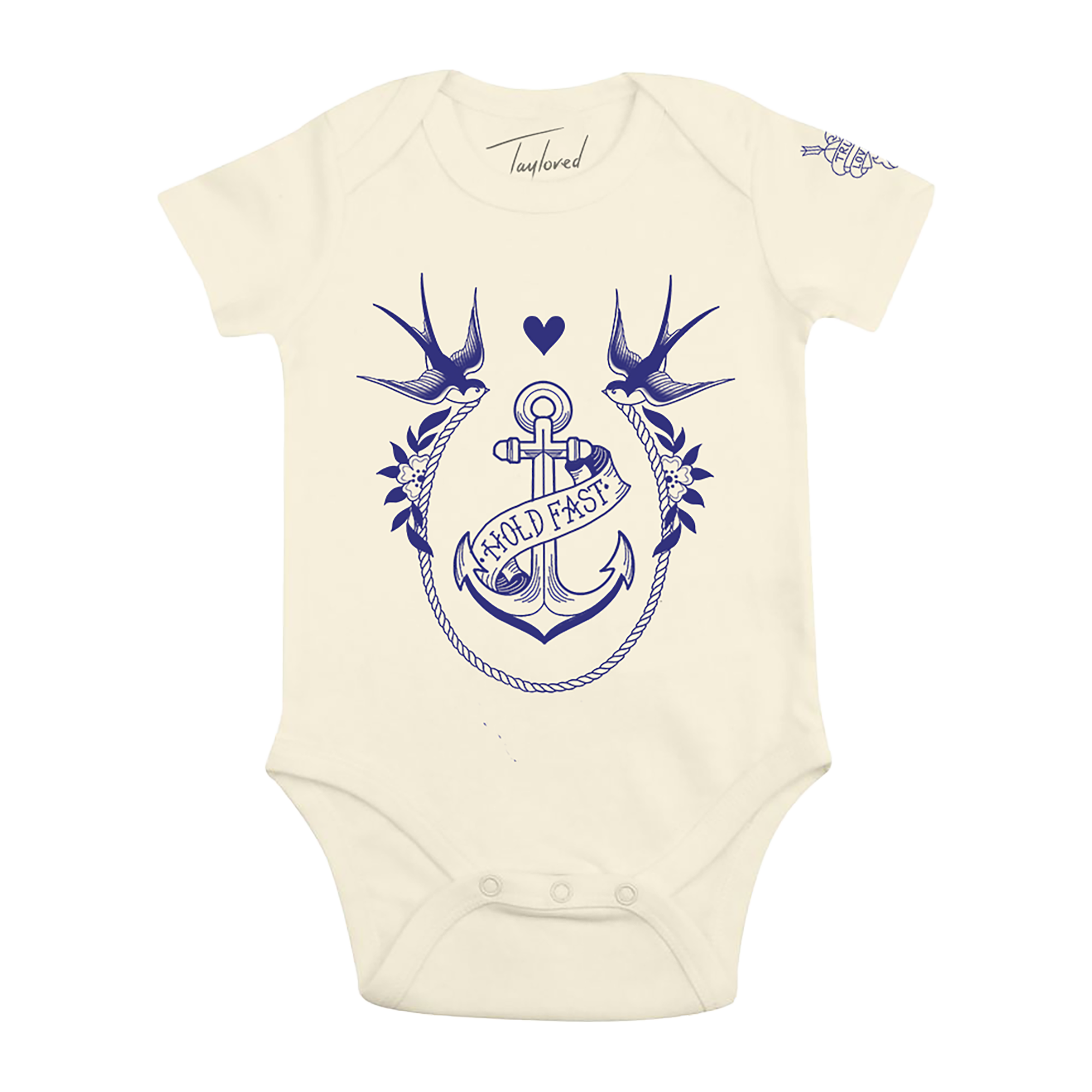 Beige baby onesie with blue anchor and swallows design
