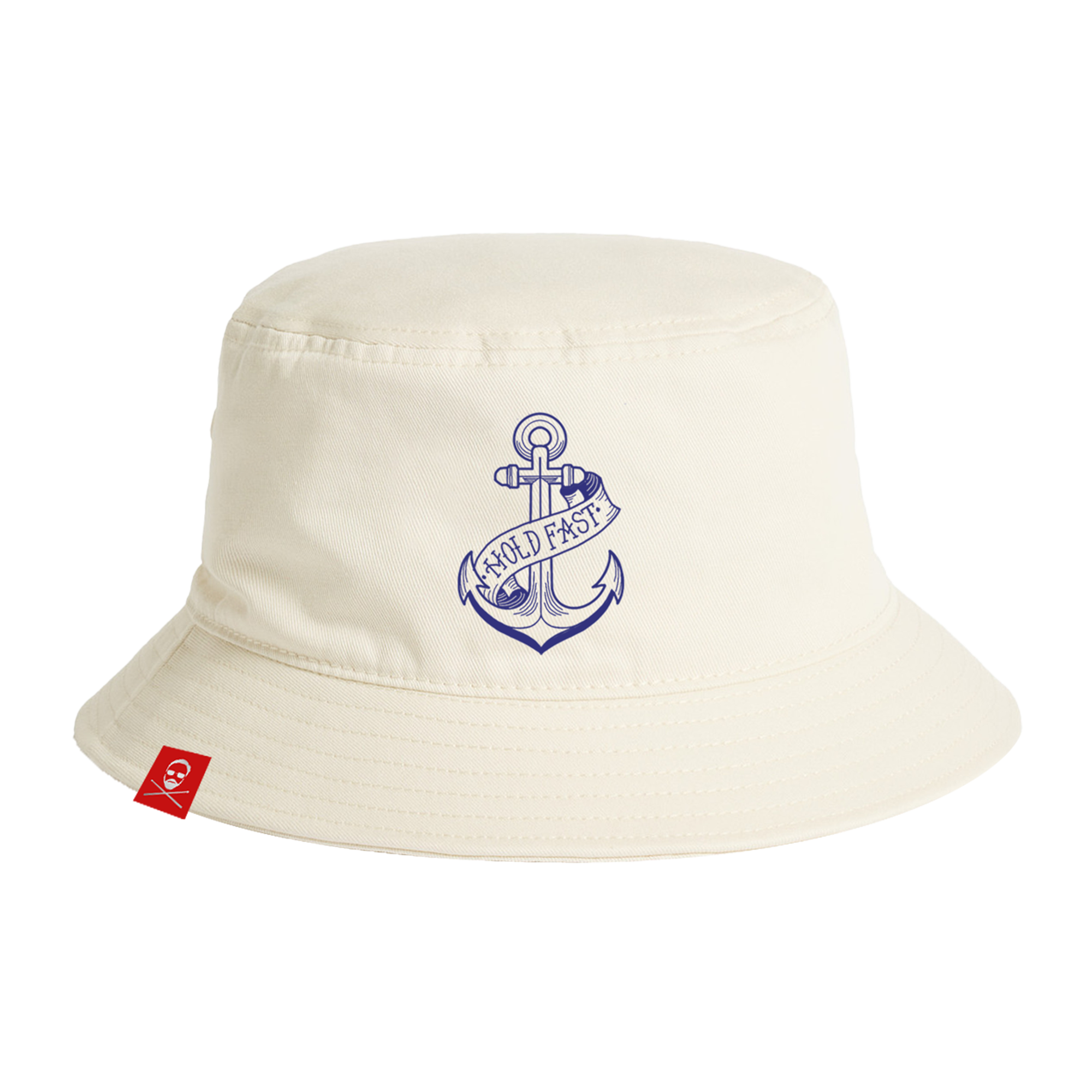 Beige bucket hat with an anchor design and 'Hold Fast' text