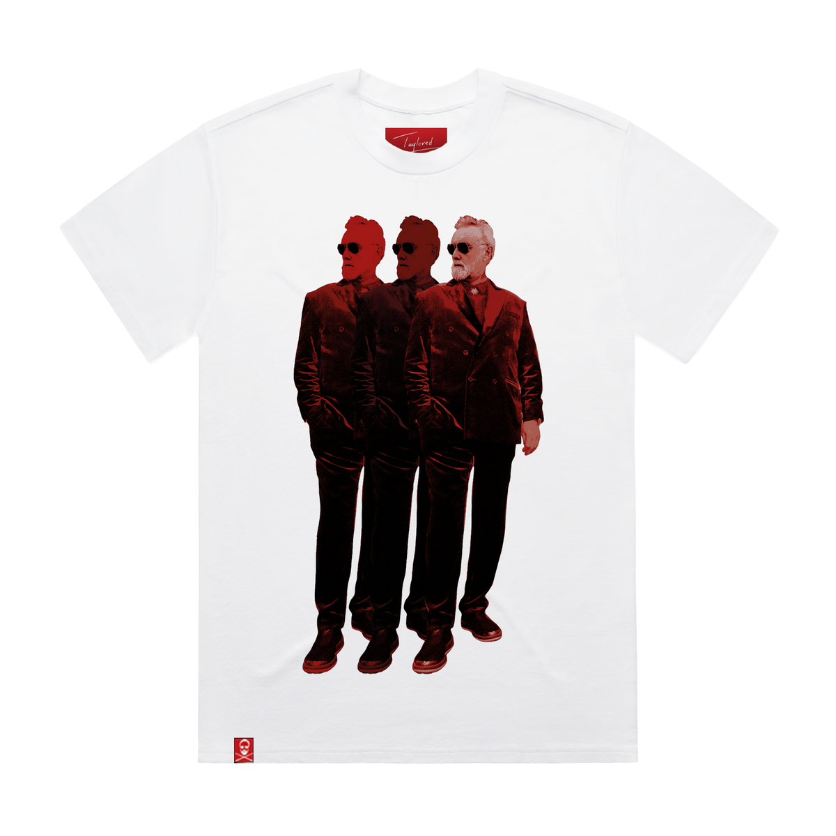 A white short-sleeve crewneck t-shirt featuring a graphic print of three men in shiny red suits and masks, styled like the band Pink Floyd. The shirt is shown flat against a solid white background.