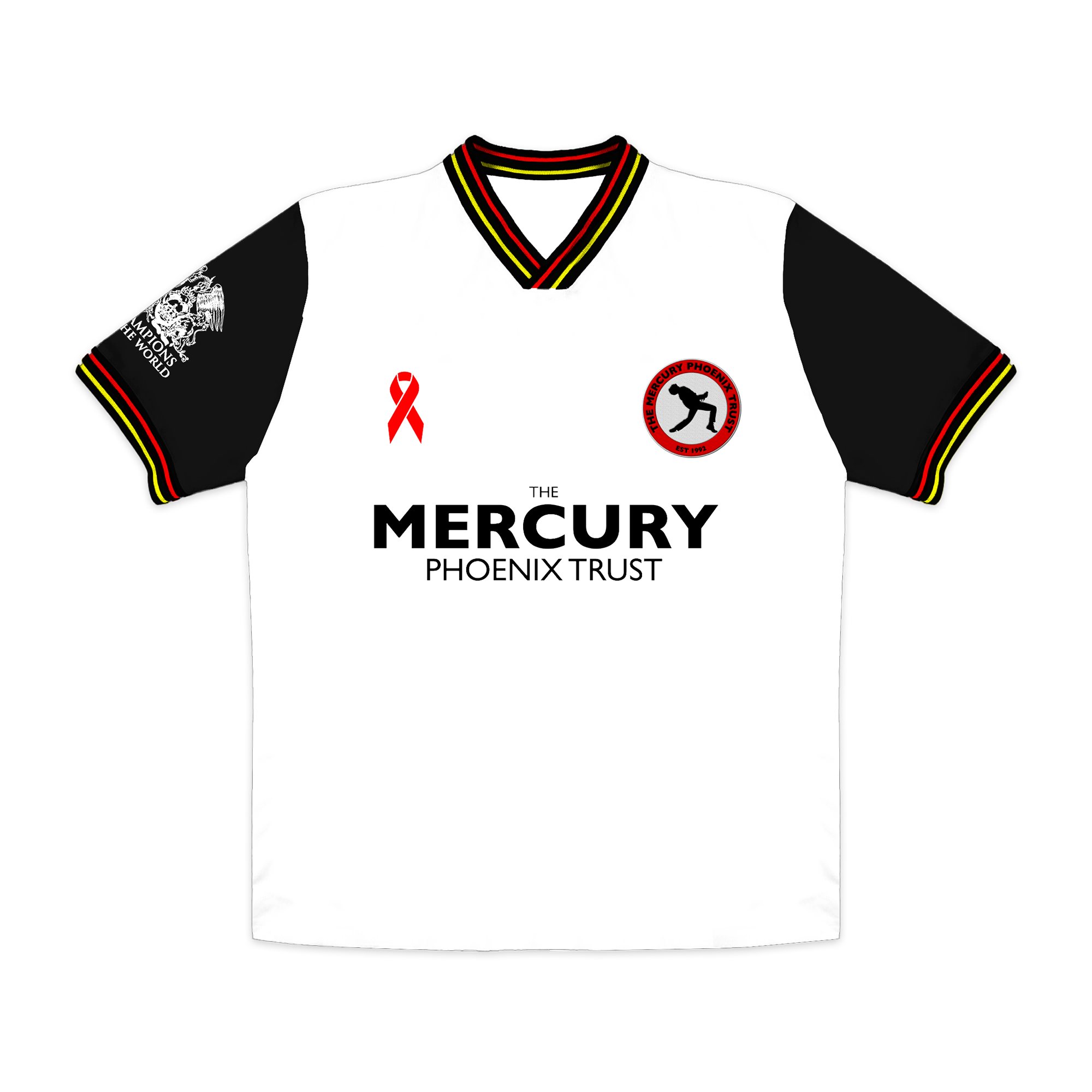 White sports jersey with black sleeves featuring logos 