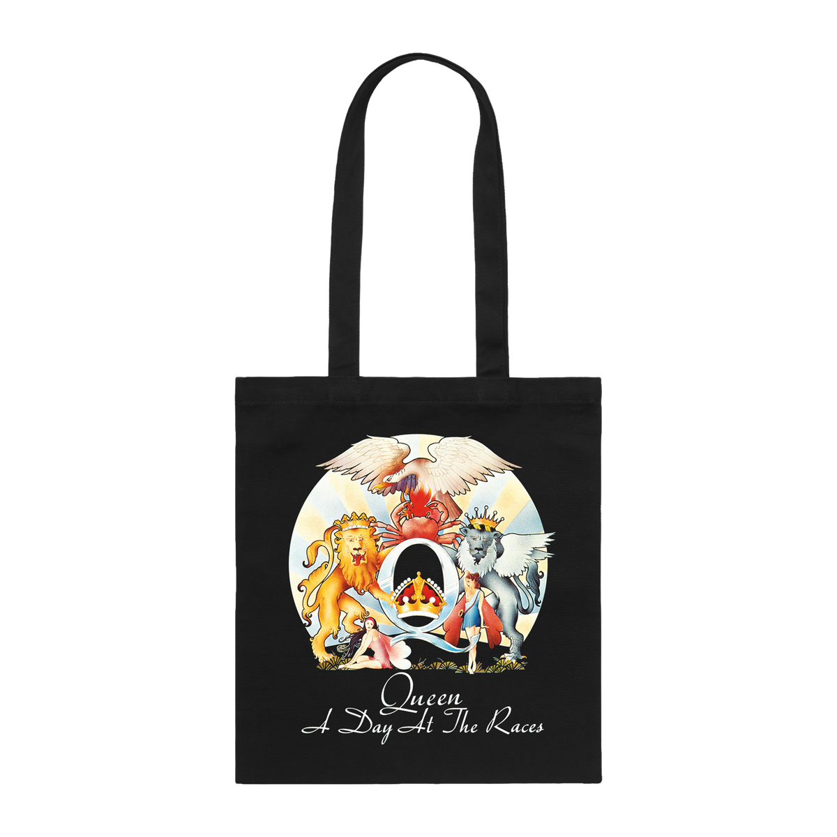 A black canvas tote bag with long handles, featuring a colorful graphic print of the Queen and A Day At The Races illustration on the front.