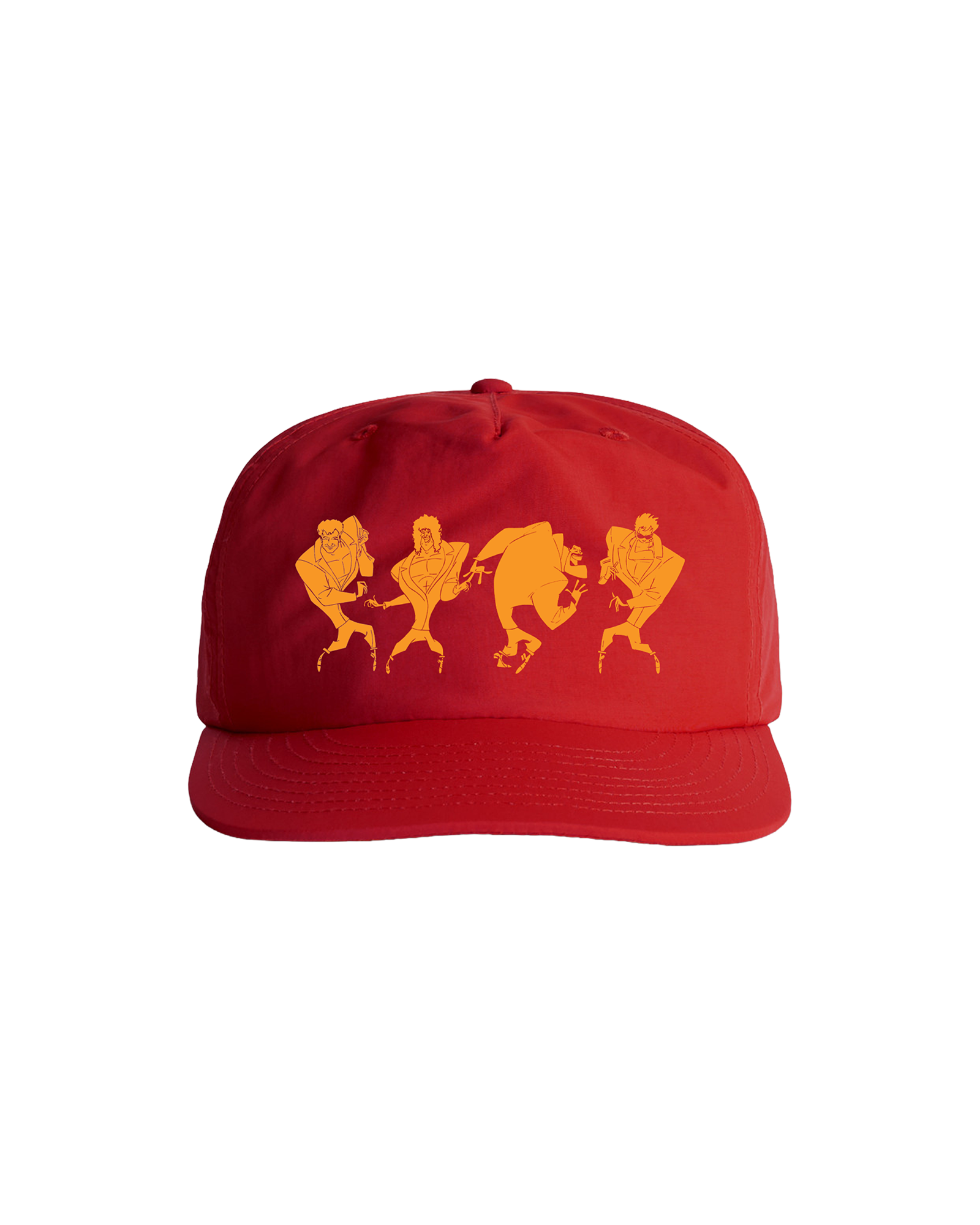 A red baseball cap featuring a yellow-orange graphic of four dancing figures on the front panel, set against a plain white background.