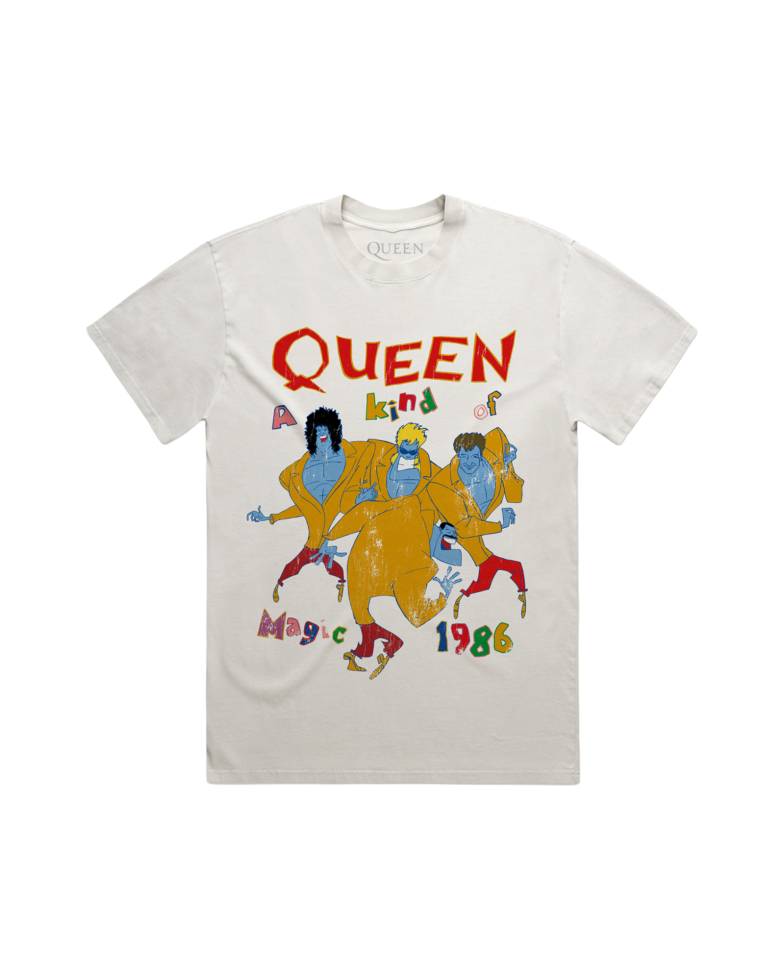 A white short-sleeve t-shirt featuring a colorful graphic print of the band Queen with the text 'QUEEN kind of Magic 1986' and an illustration of the band members.