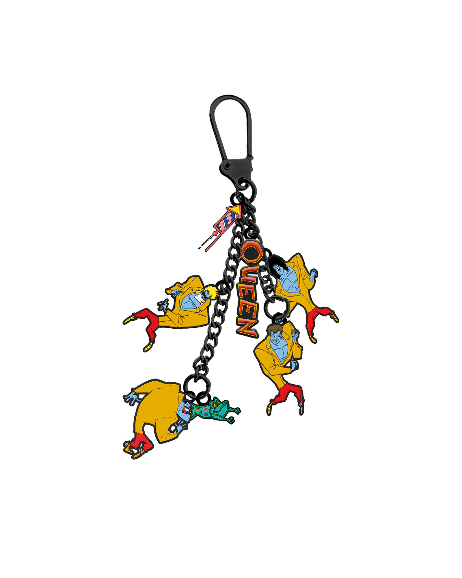 A black metal carabiner keychain featuring three colorful enamel charms shaped like stylized figures in yellow, blue, and red, with a small vertical orange and black 'QUEEN' text charm, shown on a plain white background.