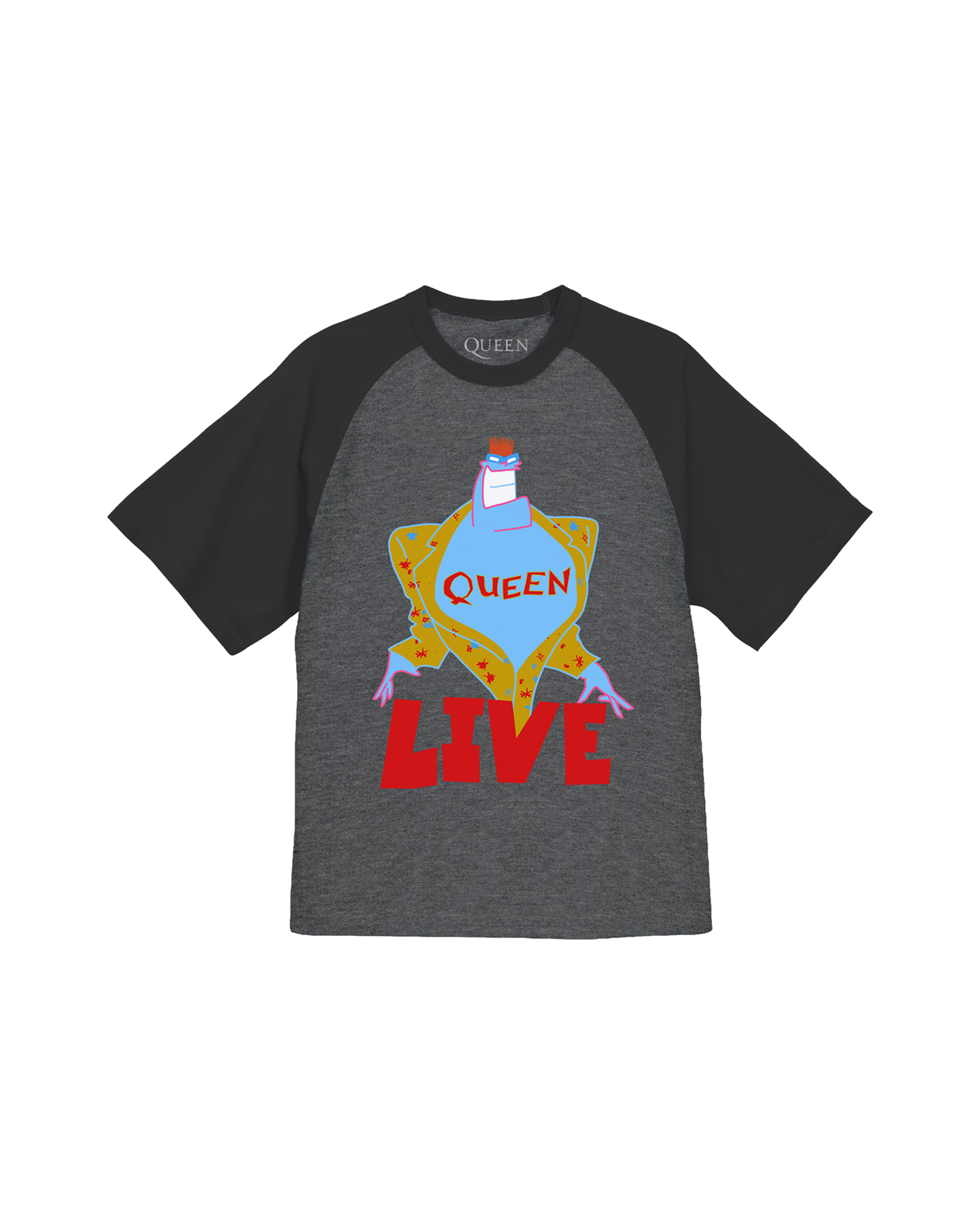 A raglan-style short-sleeve t-shirt with a dark heather gray body and black sleeves, featuring a colorful graphic of a cartoon bird inside a gold star with the text 'QUEEN LIVE' on the front.