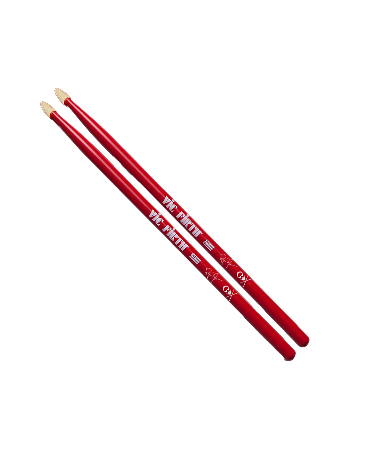 Two red drumsticks with 'Vic Firth' branding on a white background